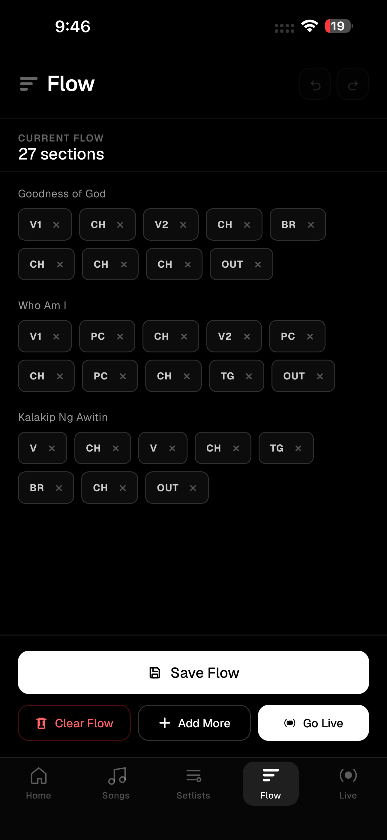 Lyricscroll flow builder with arranged song sections