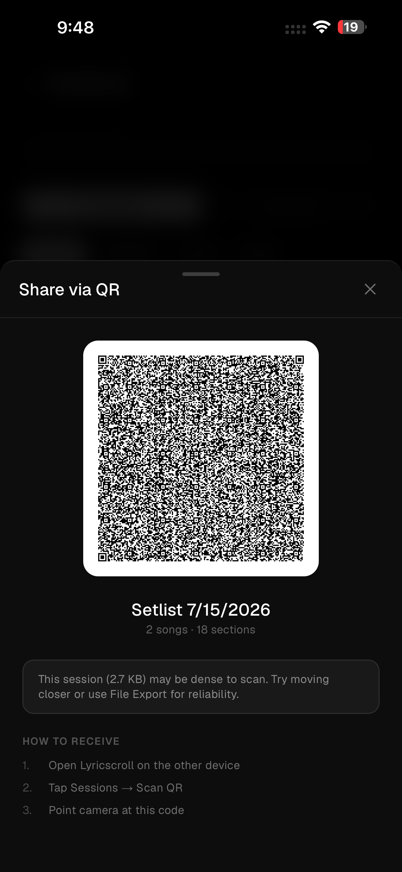 Lyricscroll QR setlist sharing screen